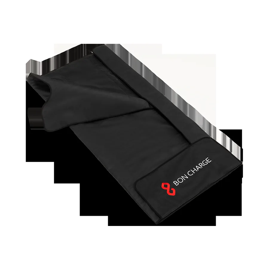 The BON CHARGE Infrared Sauna Blanket, a black infrared sauna blanket with its digital controller.